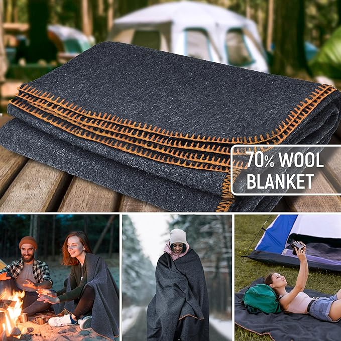 JMR Wool Camping Blanket - Warm Heavy Car Blanket & Camp Quilt - Survival Emergency Blanket for Sleeping Outdoors - Multi-Use Wool Blanket for Camping, Car & Home - 80% Wool, Navy, 66X90
