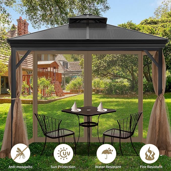 Gazebo Universal Replacement Mosquito Netting, 10' x 10' Outdoor Mesh Netting Screen 4-Panel Sidewall with Zipper for Patio, Canopy, Garden and Backyard, Khaki(Mosquito Net Only)