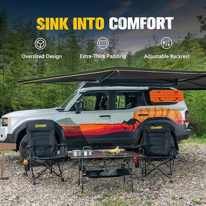 BUNKER INDUST Folding Camping Chair, Oversized with Padded Cushion, Outdoor Chair with Cup Holder Storage Pockets, Adjustable High Backrest Supports 450 LBS for Garden Beach Fishing Lawn