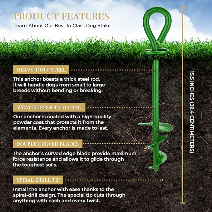 Dog Tie Out Stake - Heavy Duty Dog Stake for Large Dogs up to 125 lbs, Dog Stakes for Outside, Dog Anchor, and Dog Gadget | Use Any Dog Tie Out Cable or Dog Yard Leash (MG1-Grass Green)