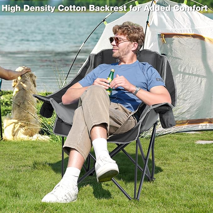 Oversized Camping Chair, Portable Folding Padded Camp Chairs with Side Pocket, Cup Holder, Heavy Duty Support 500LBS Outdoor Lounge Chair for Adults, Fishing, Sports, Trip, Black