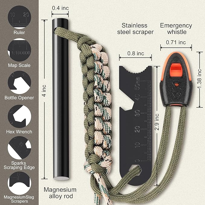 Survival Fire Starter, 4 Inch Ferro Rod, Flint Fire Starters for Hiking and Camping, Flint and Steel Survival Tool with Paracord and Emergency Whistle