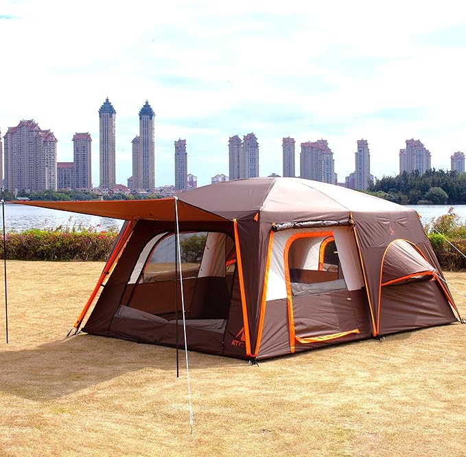 KTT Extra Large Tent 6-10-12-14 Person(Style-B),Family Cabin Tents,2 Rooms,3 Doors and 3 Windows with Mesh,Straight Wall,Waterproof,Double Layer,Big Tent for Outdoor,Picnic,Camping,Family Gathering