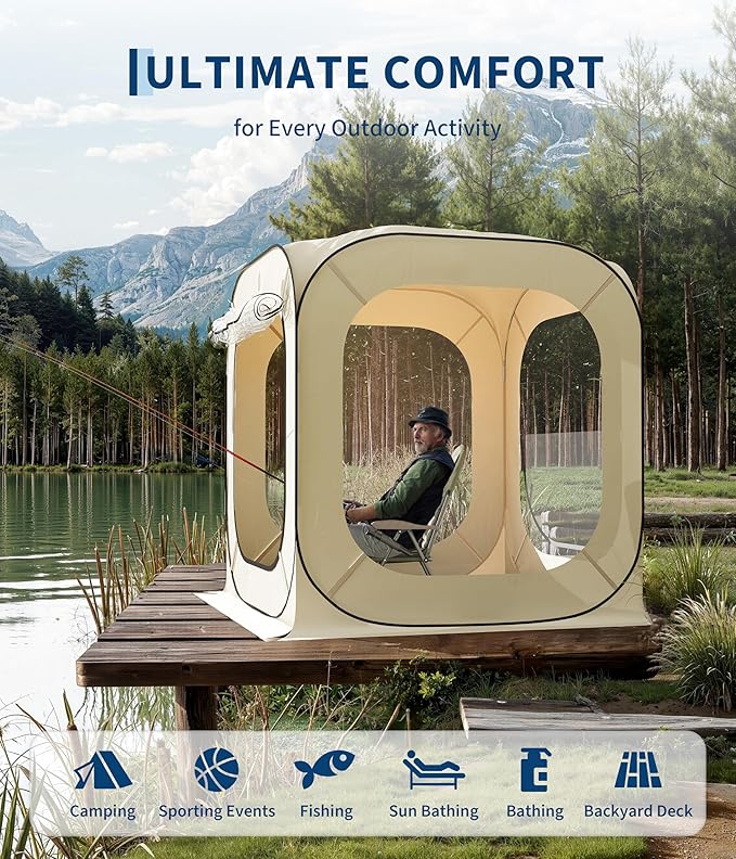 6x6 Ft Outdoor All Weather Pop Up Tent, 2-3 Person Instant Tent Shelter, Rainproof Camping Sun Shelter Coldproof & Windproof for Patio, Backyard, Deck, Sports Events, Beige