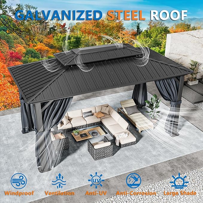 HOTEEL 10x15 Hardtop Gazebo on Clearance with Heavy Duty Galvanized Steel Double Metal roof,Aluminum Frame,Patio Gazebo with Curtains and Netting,Outdoor Permanent Gazebo Pavillon for Backyard,Black