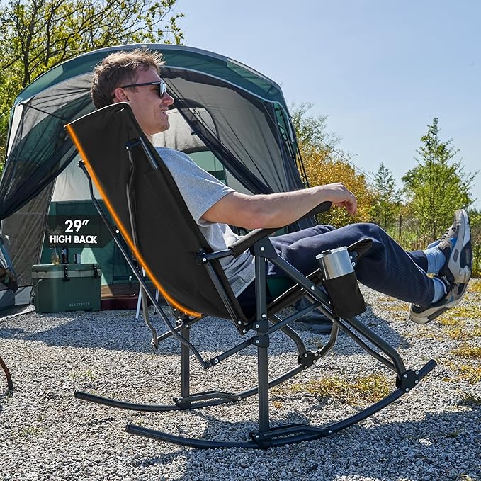 PORTAL Oversized Folding Rocking Camping Chair Portable Outdoor Rocker with High Back Hard Armrests Carry Bag, Supports 400 lbs
