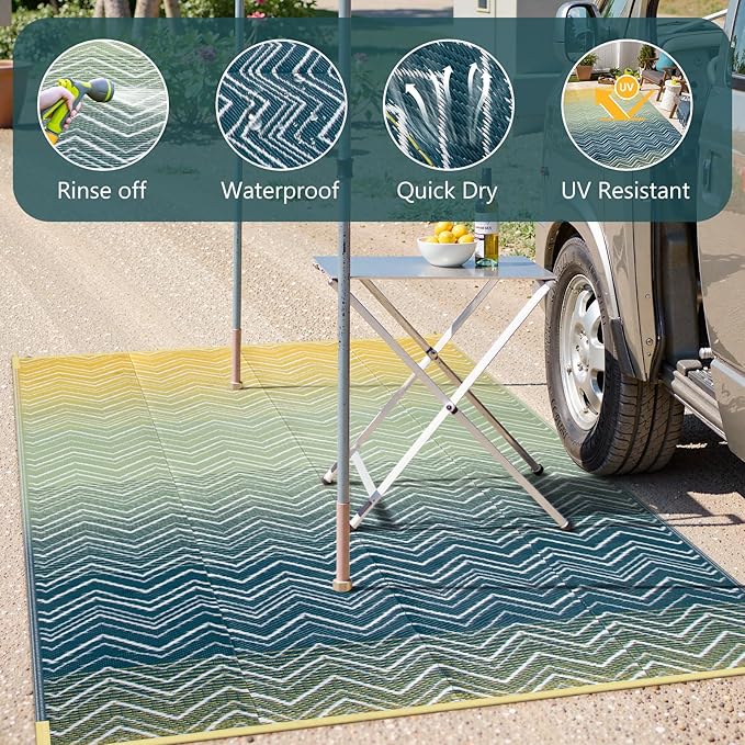 Lahome Outdoor Rugs 8x10 Waterproof, Reversible Plastic Outdoor Area Rug for Patios, Outside RV Mat Carpet for Deck Porch Backyard Balcony Picnic Trailer (Yellow/Blue, 8' x 10')