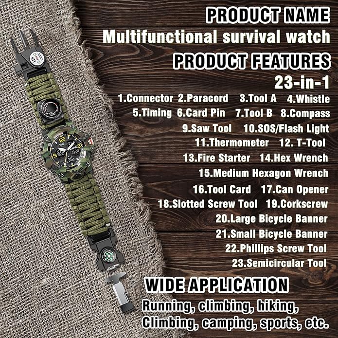 23-in-1 Survival Military Digital Watch, Mens Tactical Multi-Functional and Adjustable Wristband Outdoors Waterproof Sports Dual Dial Watches with Compass Paracord Band
