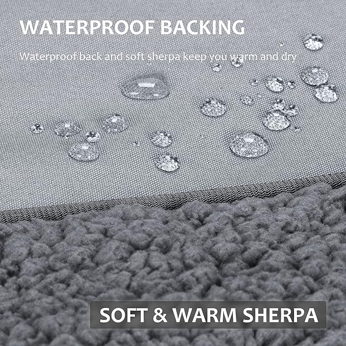Tirrinia Outdoors Waterproof Throw Blanket, 51”x 59” Sherpa Fleece Stadium Windproof Mat for Boat, Traveling, Camping, Hiking, Football - Machine Washable, Light Grey