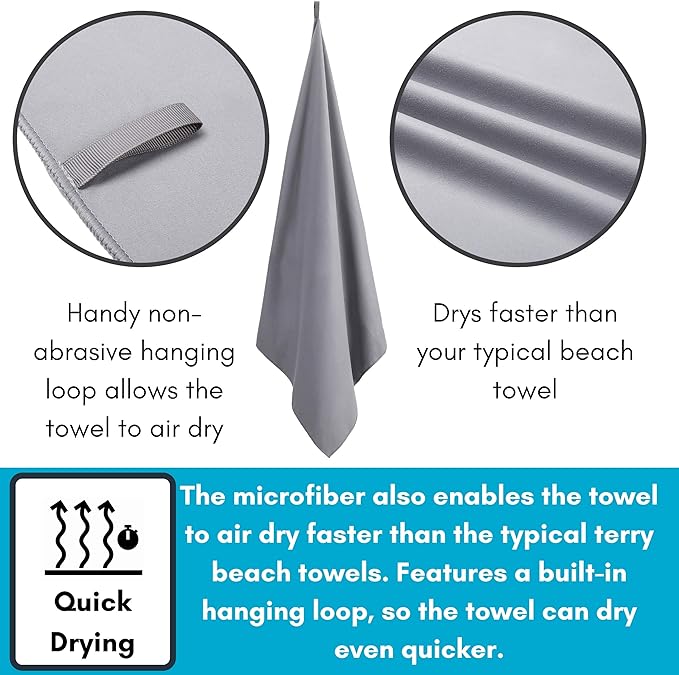 BIRDROCK HOME Multi-Purpose Microfiber Towel for The Beach, Travel, Pets or Camping - Large 31 x 63” - Grey - Quick-Dry - Absorbent Lightweight Compact - Mesh Bag - Kids Hiking Outdoor