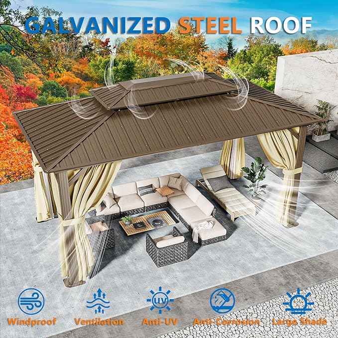 HOTEEL 10x15 Hardtop Gazebo on Clearance with Heavy Duty Galvanized Steel Double Metal roof,Aluminum Frame,Patio Gazebo with Curtains and Netting,Outdoor Permanent Gazebo Pavillon for Backyard,Bronw