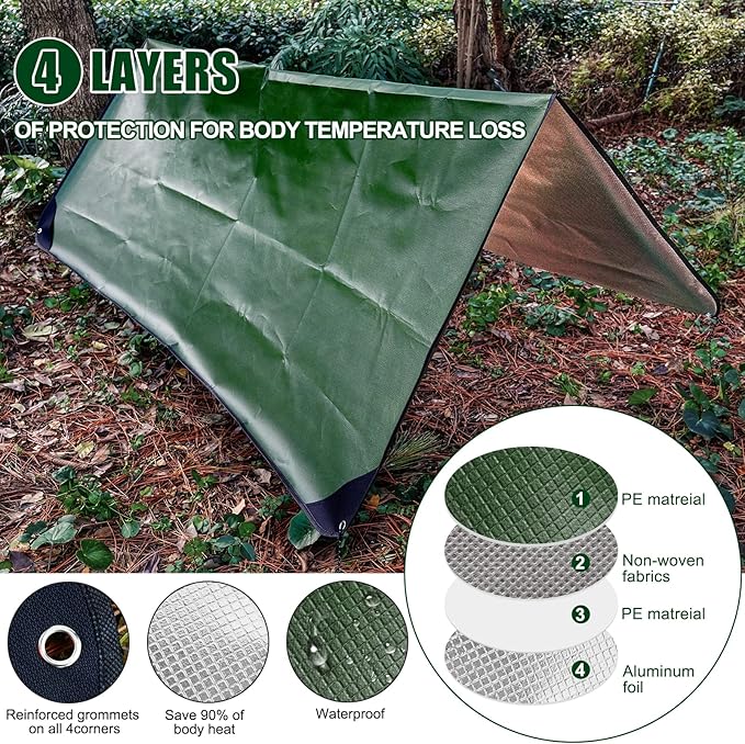 Thermal Tarp Survival Shelter Insulated Blanket Reflective 4×7 Ft, All-Weather Space Blankets Emergency Foil Mylar Thermal Blanket for Outdoor Car, Camping, Hiking and Shelter - Green