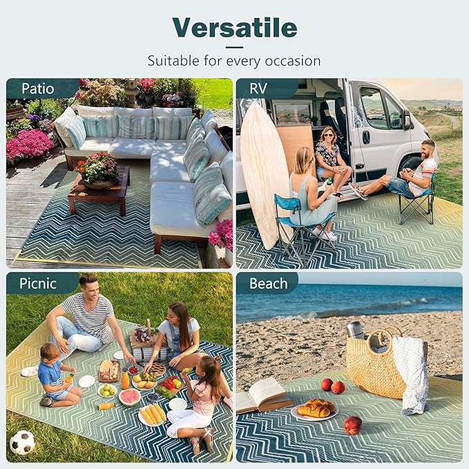Lahome Outdoor Rugs 8x10 Waterproof, Reversible Plastic Outdoor Area Rug for Patios, Outside RV Mat Carpet for Deck Porch Backyard Balcony Picnic Trailer (Yellow/Blue, 8' x 10')