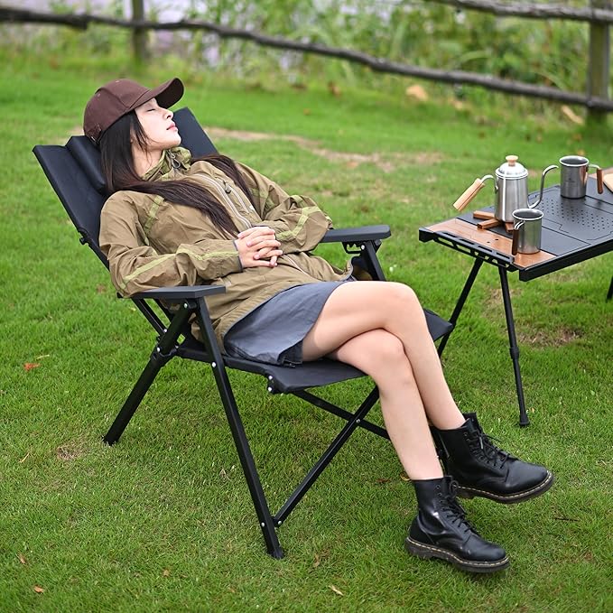 Reclining Camping Chair 2 Pack, Folding Lawn Chairs with 4-Stage Adjustable High Back for Adults Heavy Duty, Compact Foldable Outdoor Patio Recliner Chair with Side Bag (Black)