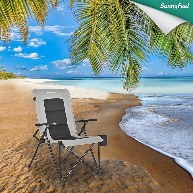 SUNNYFEEL Ergonomic High Back Camp Chair - 500lbs Heavy Duty Folding Chair, UV-Resistant Portable Camp Chair with Hard Armrests, Cup Holder& Bag for Outdoor, Basebal, Travel, Sports, Hiking, Fishing