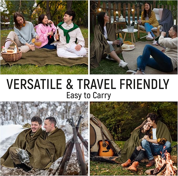 JMR Wool Camping Blanket - Warm Heavy Car Blanket & Camp Quilt - Survival Emergency Blanket 4 Sleeping Outdoors - Multi-Use Wool Blanket Camping, Car & Home - 80% Wool, Olive Green, 66X90, Case of 10