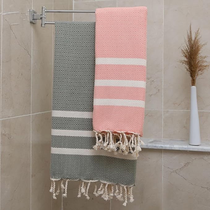 2 Pack Travel Cotton Blanket Twin Size Breathable Cozy Airplane Keep Warm Compact Vacation Essentials Car Camping Quick Dry Beach Peshtemal Towel (Khaki Green and Salmon Pink)