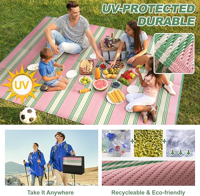 Lahome Striped Outdoor Rug Waterproof, 6x9 Reversible Outdoor Plastic Straw Rug for Camping, RV Patio Rugs Large Carpet for Porch Deck Backyard Balcony Picnic(Pink/Green,6'x 9')