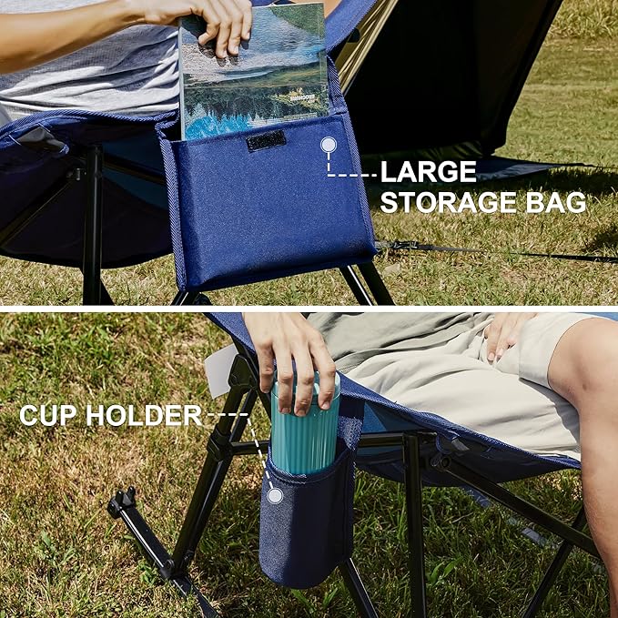 Rocking Camping Chair, Heavy Duty, High Back Oversized Portable Folding Chair with Side Cup Holders, Pocket for Beach, Fishing,Trip,Picnic,Lawn,Concert Outdoor Foldable Camp Chairs, Blue