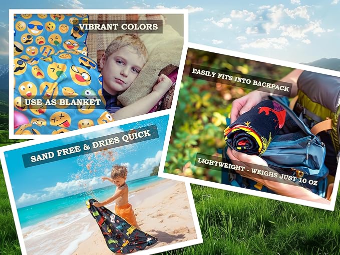 Microfiber Beach Towel for Kids - Thin and Large (30"x60") - Emoticons - Absorbent, quick dry, sand free, lightweight, blanket - toddler, girls, boys - For Sports, Pool, Picnic, Camping, Travel, Swim