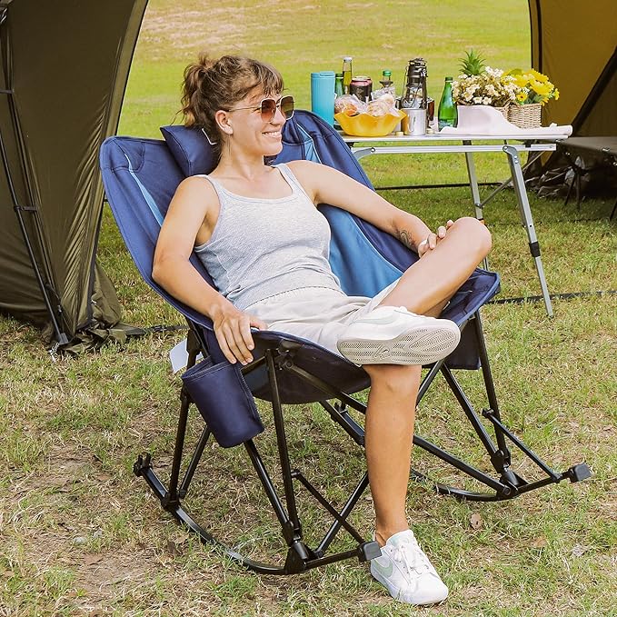Rocking Camping Chair, Heavy Duty, High Back Oversized Portable Folding Chair with Side Cup Holders, Pocket for Beach, Fishing,Trip,Picnic,Lawn,Concert Outdoor Foldable Camp Chairs, Blue