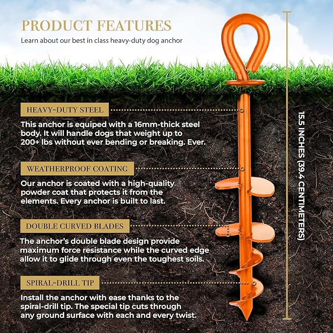 Dog Tie Out Stake - Heavy Duty Dog Stake for Large Dogs up to 210 lbs, Dog Stakes for Outside, Dog Anchor, and Dog Gadget | Use Any Dog Tie Out Cable or Dog Yard Leash (O2-Orange (2-Pack))