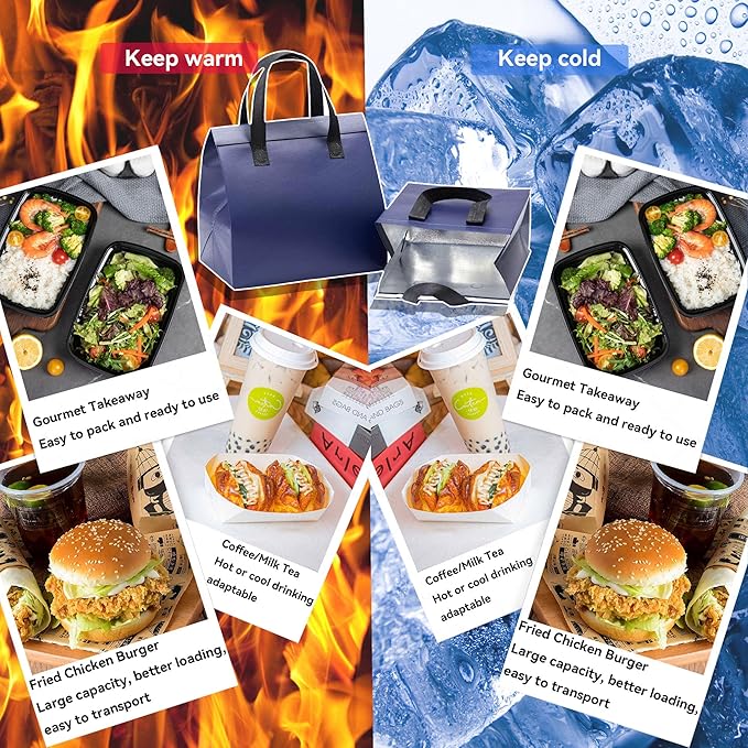 100 Pcs Insulated Take Away Bags, Disposable Lunch Bags For Food Takeaways, Coffee, Milk Tea, Seafood, Pizza, For Restaurants And Grocery Shops 9.5 x 6 x 10 In (Navy Blue)