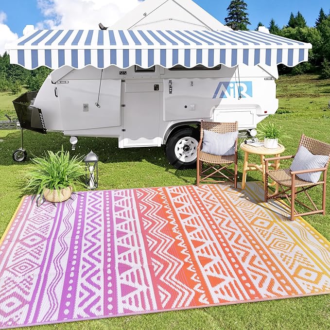 Lahome Outdoor Rug 8x10 Patio Waterproof, Reversible Outdoor Plastic Straw Rug for Camping, RV Patio Rugs Outside Large Carpet for Porch Deck Backyard Picnic(Orange/Purple,8'x 10')