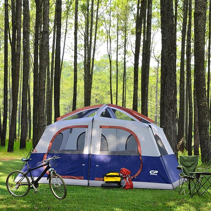 CAMPROS CP Camping Tent 10 Person Family Cabin Tent, 2 Room Water Resistant Waterproof Tent with Top Rainfly, 4 Large Mesh Windows, Double Layer, Easy Set Up, Portable with Carry Bag, 16ft x 9ft x72in