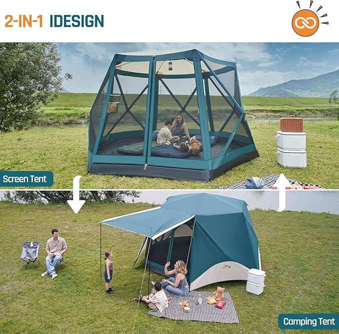 Instant Tents for Camping Pop Up Screen Tent with Floor, 6 Person Large Family Camping Tent with Rainfly and Porch, Easy 60S Setup Hub Tent for Outdoor Picnic Backyard, 11.5x10x6.83FT