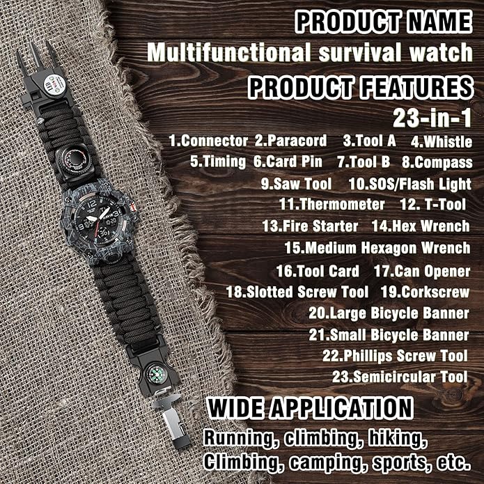 23-in-1 Survival Military Digital Watch, Mens Tactical Multi-Functional and Adjustable Wristband Outdoors Waterproof Sports Dual Dial Watches with Compass Paracord Band