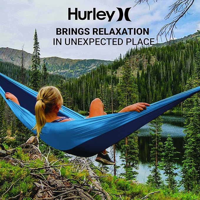Hurley Duo Camping Hammock - 2 Person Portable Hammock for Camping, Heavy Duty Hammock, Parachute Nylon Fabric - Camping Accessories for Outdoor Activity - Holds Up to 400lbs, Monsoon Blue, 118 x 79