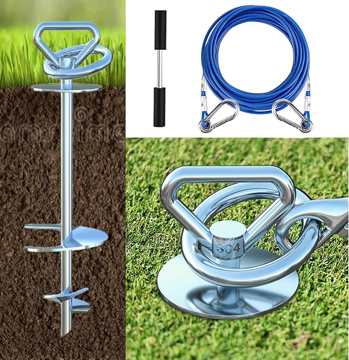 Dog Tie Out Cable and Stake,with 45FT Heavy Duty Cable,Dog Stake Allows Dogs Up to 200 lbs, Dog Stakes for Outside Beach,Camping, Yard, 360° Swivel Dog Anchor…