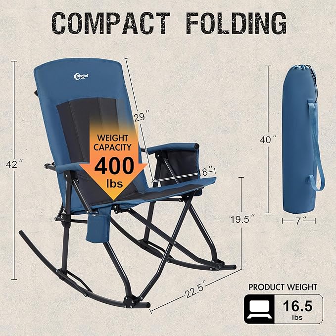 PORTAL Oversized Folding Rocking Camping Chair Portable Outdoor Rocker with High Back Hard Armrests Carry Bag, Supports 400 lbs