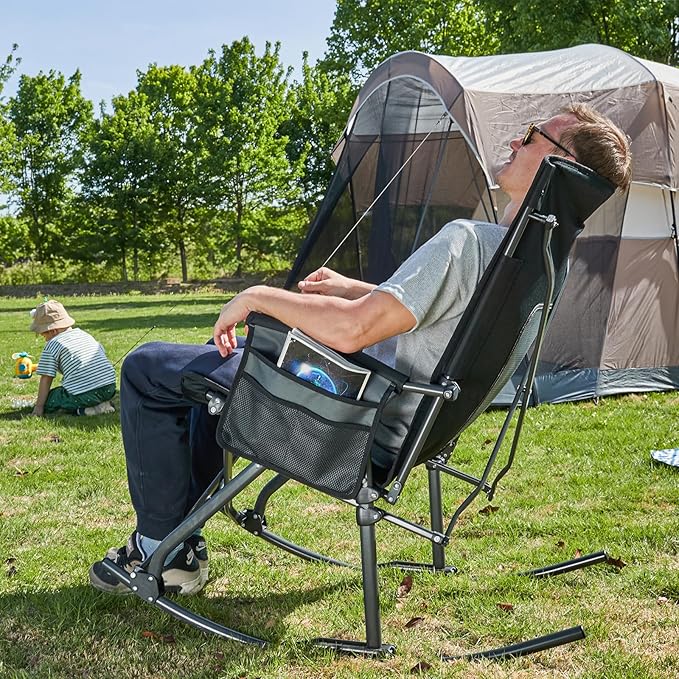 PORTAL Oversized Folding Rocking Camping Chair Portable Outdoor Rocker with High Back Hard Armrests Carry Bag, Supports 400 lbs