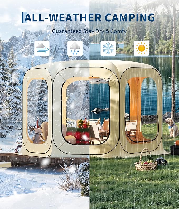 12x12 Ft Outdoor All Weather Pop Up Tent, 8-10 Person Instant Tent Shelter, Rainproof Camping Sun Shelter Coldproof & Windproof for Patio, Backyard, Deck, Sports Events, Beige