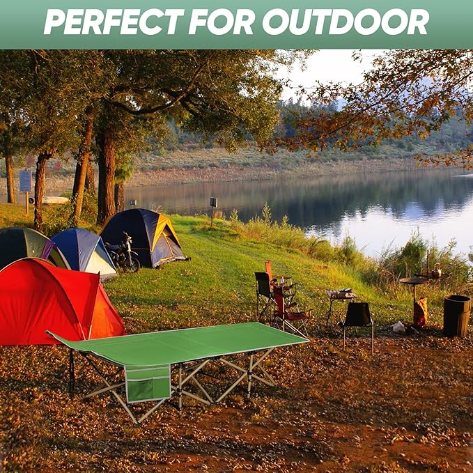 HAITRAL Portable Camping Cot with Mattress - Outdoor Folding Heavy Duty Sleeping Bed with Side Pocket for Adults - Oxford Single Lounge Chaise for Camping Tent Beach Office Max Load 300 LBS (Green)