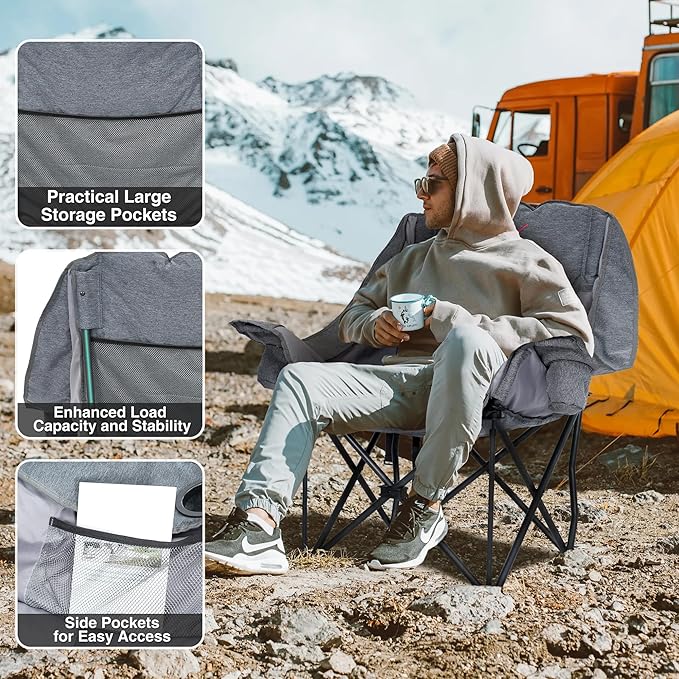 Oversized Camping Chair, Portable Folding Padded Camp Chairs with Side Pocket, Cup Holder, Heavy Duty Support 500LBS Outdoor Lounge Chair for Adults, Fishing, Sports, Trip, Grey