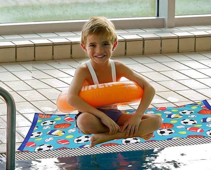 Microfiber Beach Towel for Kids - Thin and Large (30"x60") - Sports Balls - Absorbent, quick dry, sand free, lightweight, blanket - toddler, girls, boys - For Pool, Picnic, Camping, Travel, Swim