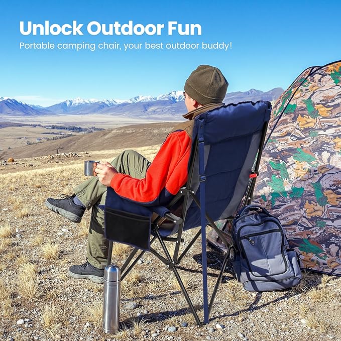 HIGH POINT SPORTS Oversized Camping Chairs for Adults, High Back Heavy Duty Lawn Chair Support 500LBS, Padded Portable Collapsible Chair with Cup Holder, Blue, 2 Pack