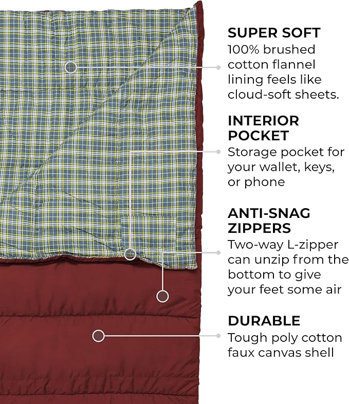 Teton Evergreen Sleeping Bag – Spacious Fit and Cozy Warmth for Adults – Options for Camping in Any Weather