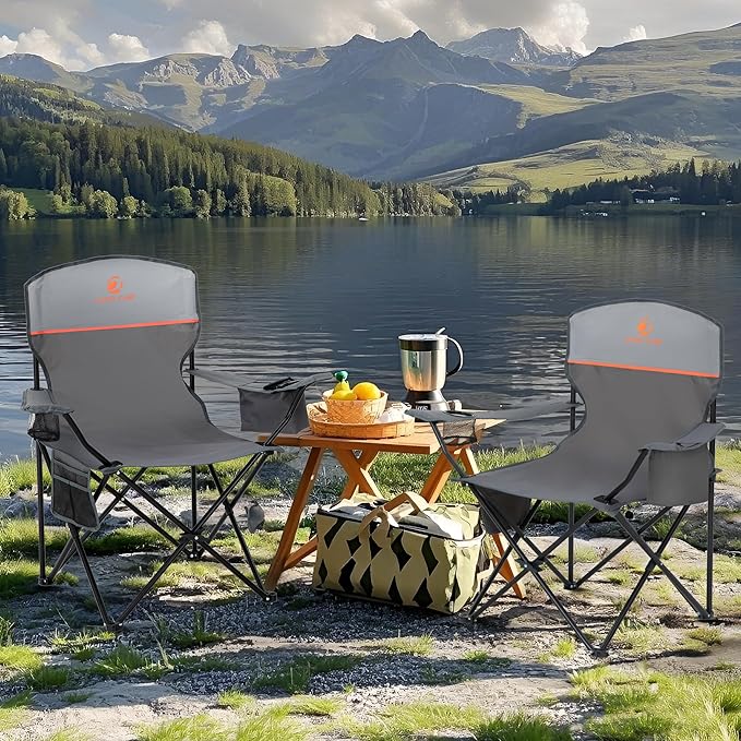 ALPHA CAMP Folding Camping Chairs for Adults Lawn Chairs Outdoor Chairs Support 250 LBS Portable Camp Chairs with Cup Holders Cooler Pouch for Outdoor, 2 Pack (Gray)