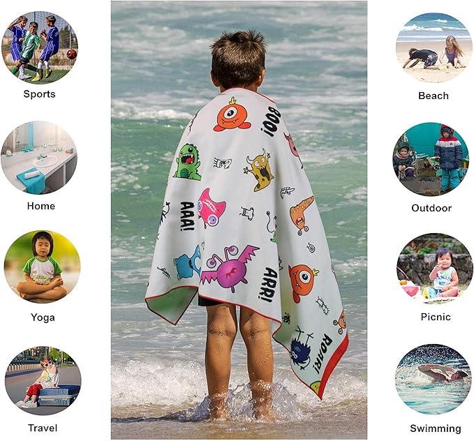 Microfiber Beach Towel for Kids - Thin and Large (30"x60") - Monsters - Absorbent, quick dry, sand free, lightweight, blanket - toddler, girls, boys - For Sports, Pool, Picnic, Camping, Travel, Swim