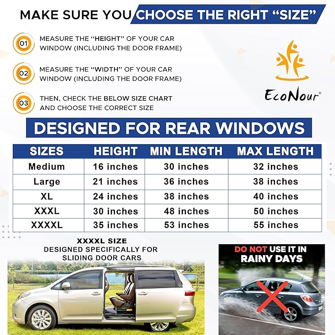 EcoNour Car Side Window Sun Shade (Pack of 2) | Stretchable & Breathable Car Window Screens for Complete Sun & Privacy Protection | Fits Most Truck, SUV and Minivan (XL 40" x 24")