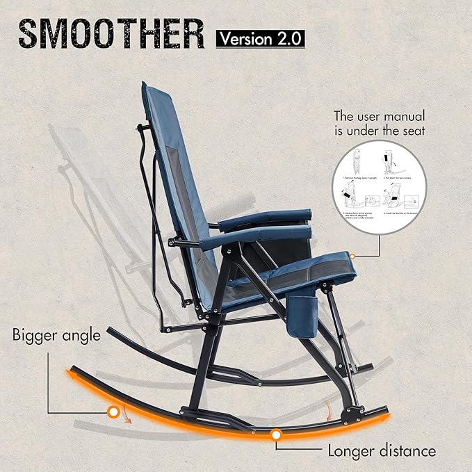 PORTAL Oversized Folding Rocking Camping Chair Portable Outdoor Rocker with High Back Hard Armrests Carry Bag, Supports 400 lbs