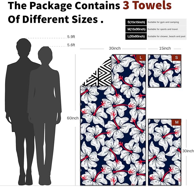 4Monster Camping Towels 3 Size at 1 Pack,Quick Dry Microfiber Towel,Beach Travel Towel Ultra Compact,Soft Gym Towel for Hiking Yoga Travel Sports Backpacking Trip and Pool