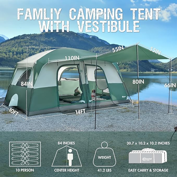 PORTAL 6 | 8 | 10 Person Family Camping Tent with Porch, Big Family Camping Tent with Tall Height, Good Ventilation, Water Resitant Large Tent for Outdoor Camping, Backyard