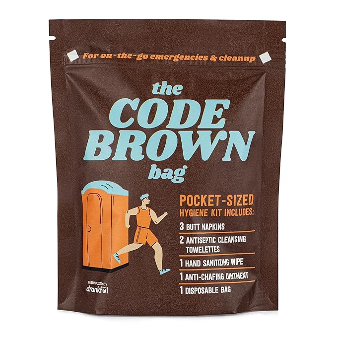 CODE BROWN Bag, Single Use Portable Travel Bathroom Pack, Includes Butt Napkins, Hand Wipes, Disposal Bag, Hand Sanitizer, Anti-Chafe Ointment, for Running, Hunting, Camping, Hiking, Outdoors