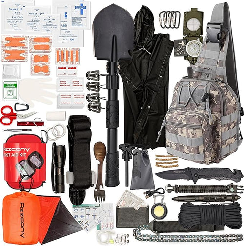 Emergency Survival & First Aid Kit & Tourniquet - 250 PCS Go Bugout Bag Survival Gears with Compass Flashlight Shovel - Tactical Military Grade EDC Backpack for Outdoor Camping Scout