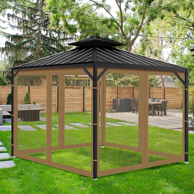 Gazebo Universal Replacement Mosquito Netting, 10' x 10' Outdoor Mesh Netting Screen 4-Panel Sidewall with Zipper for Patio, Canopy, Garden and Backyard, Khaki(Mosquito Net Only)